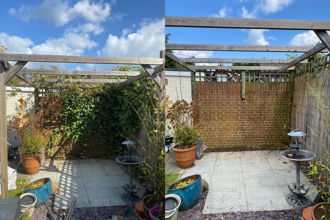 A cluttered pergola corner cleared and swept