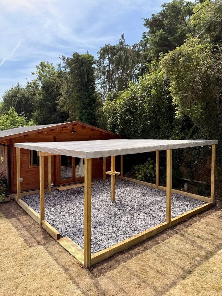Timber frame Pergola and gravel base for a garden structure