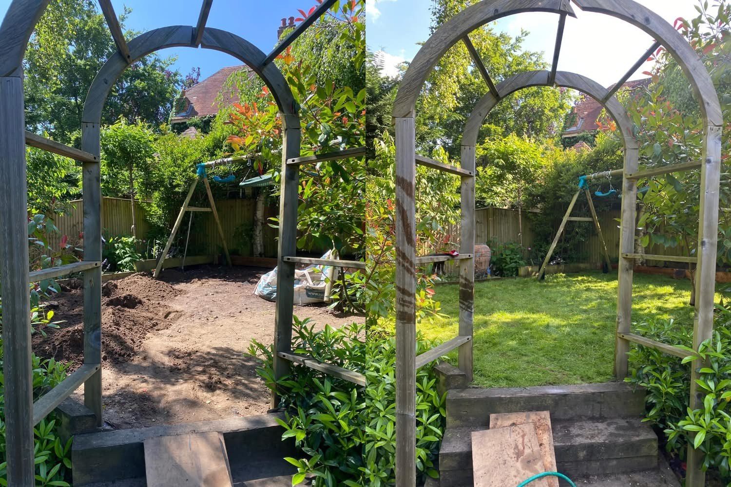 Bare ground beneath the arch turfed into new lawn