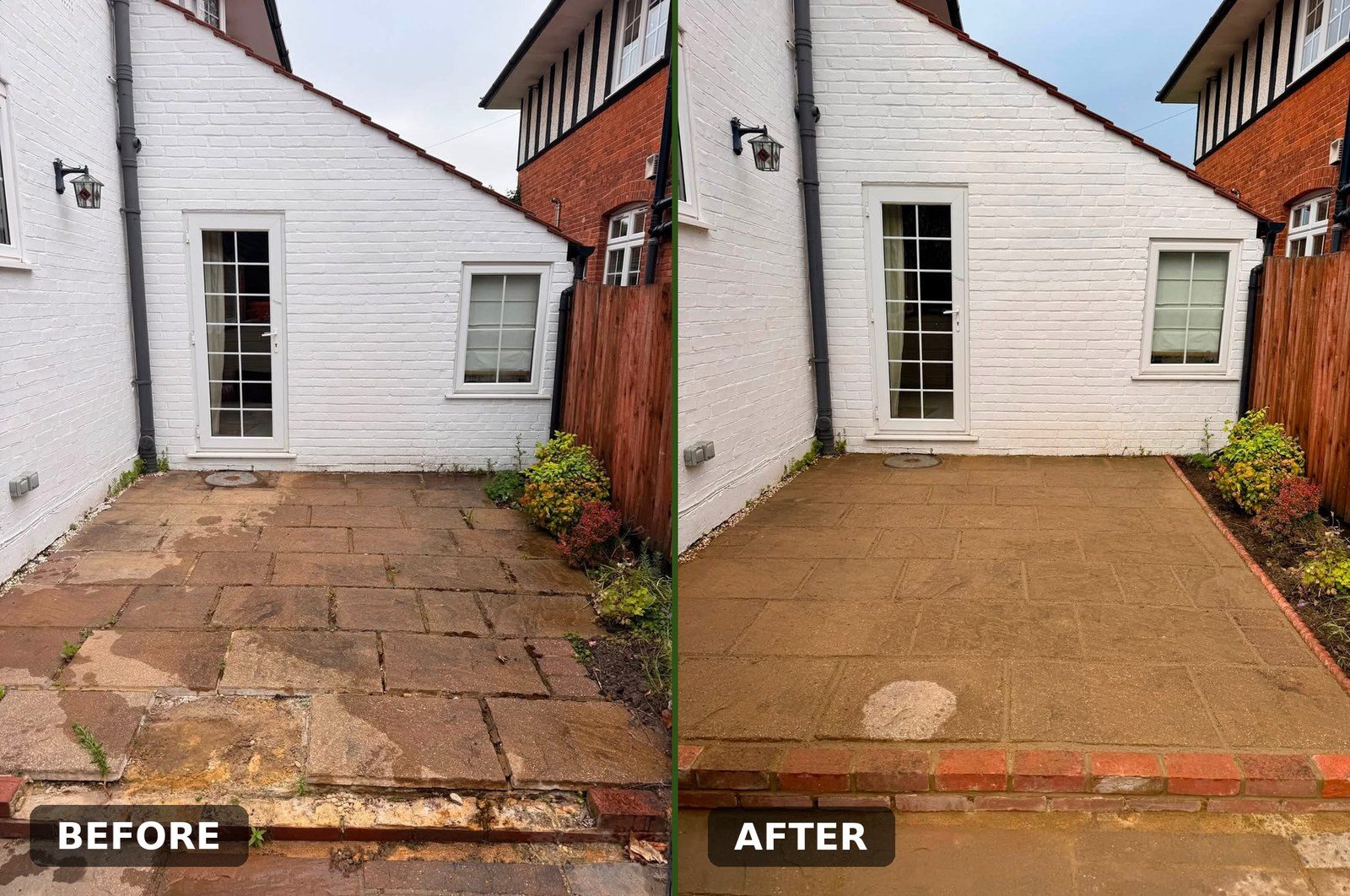 Years of moss and staining washed off an old patio