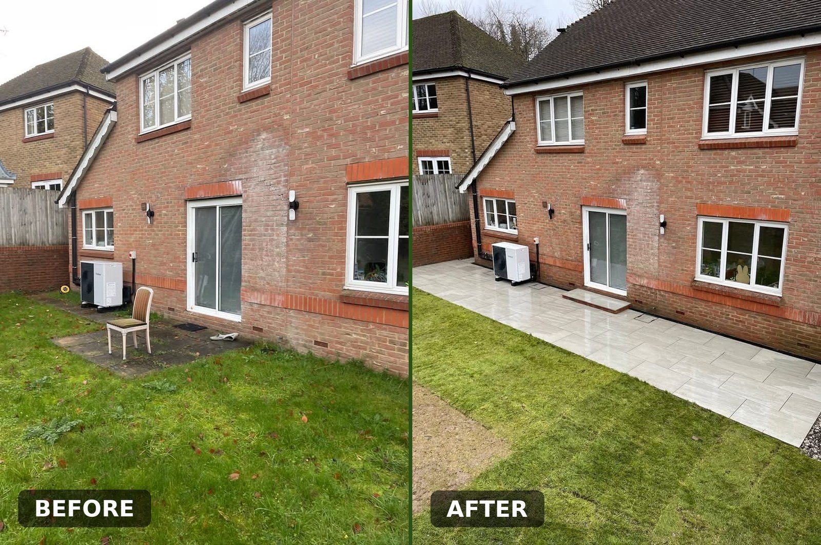 A tired lawn replaced with a pale porcelain patio