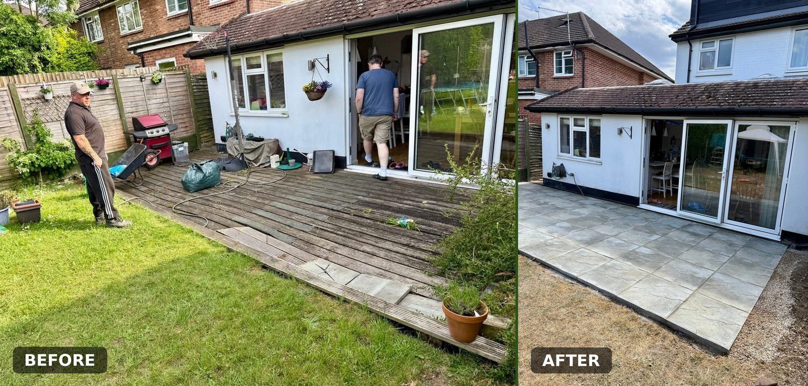 Rotten decking lifted and replaced with grey paving