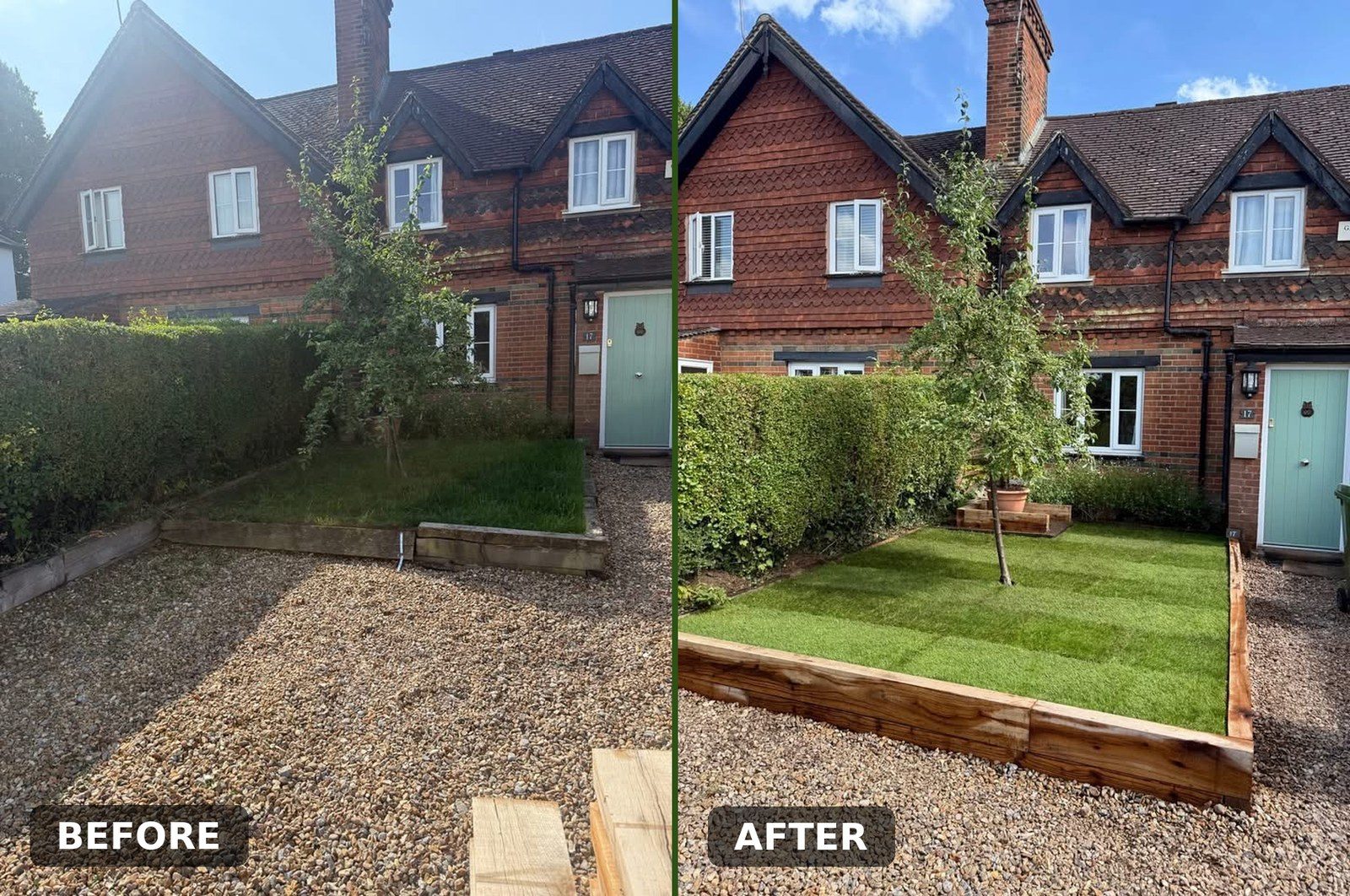 Fresh turf and sleeper edging for a front garden